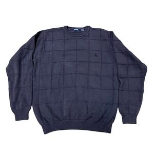IZOD Navy Grid Knit Sweater Mens Large 100%‎ Cotton Crewneck